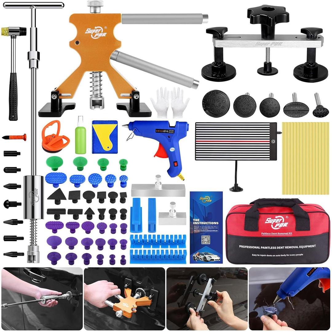 Super PDR Car Dent Puller Kit, 118 PCS Paintless Dent Repair Kit with LED Line Board, Slide Hammer, T-Bar, Dent Lifter & Bridge Puller, PDR Tools for Auto Body Repair, Dent Remover Tool for Car SUV
