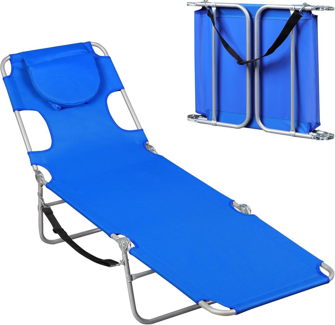 WLIVE Beach Chair for Adults, 4-Position Folding Tanning Chairs with Face Hole, 2 Legs Support Portable Outdoor Chair for Beach, Pool, Blue