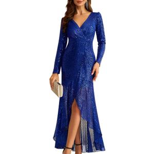Women's Long Sequin Formal Dresses Long-Sleeve Cocktail Wedding Guest Dresses Elegant V Neck Party Gowns (Blue-t36)