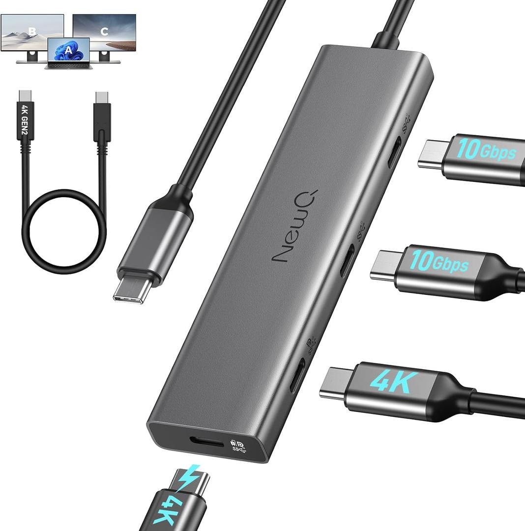 Versatile USB C Video Hub, 100W PD, DP Alt Dual 4K@30-60Hz, 10Gbps*4 Ports, Docking Station Dual Monitor for MacBook, Dell, HP, ASUS, iMac, iPad Pro, Steam Deck, Rog Ally, Legion Go, Samsung, AR Glass (Grey)