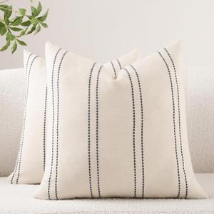 Decorative Throw Pillow Covers 18x18 Inch Set of 2 Linen Striped Accent Neutral Beige Farmhouse Boho Square Cushion Covers for Couch Sofa Bed Living Room Modern Home Decor, Navy Blue