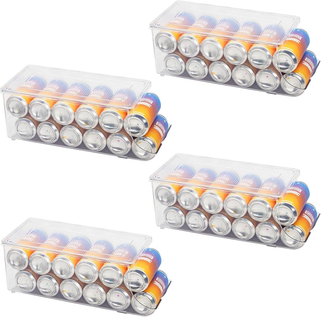 4 Pack Tall Skinny Can Organizer for Refrigerator, Stackable Beverage Cans of 16oz & 17oz Energy Drink Container Holder Dispenser with Lid for Fridge Rack Freezer, Clear Plastic Storage Bins (Transparent)