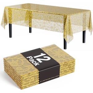 Exquisite Lace Table Cloth Rectangle Table Plastic 12-Pack Lace Tablecloth Rectangular 54" X 108" | Clear & Gold Floral Tablecloth Disposable | Wild Flower Party Decorations & Party Supplies