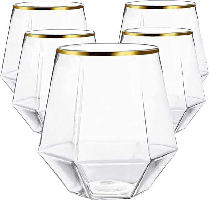 TTFM 30 Count Diamond Shaped Plastic Stemless Wine Glasses | Champagne Wine Whiskey Glasses | Disposable Wine Glasses | Shatterproof | 12oz Disposable Glasses Cups For Parties (GOLD)