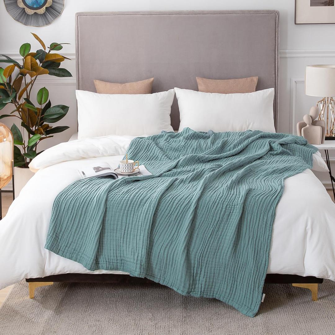 EMME Cotton Blanket Queen Size for Bed Soft Large Muslin Bed Blankets 90"x90" Lightweight Breathable Blanket All Season Gauze, Teal