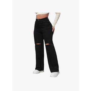 Womens High Waist Ripped Straight Wide Leg Baggy Jeans Y2k Boyfriend Distressed Loose Denim Pants, Size L