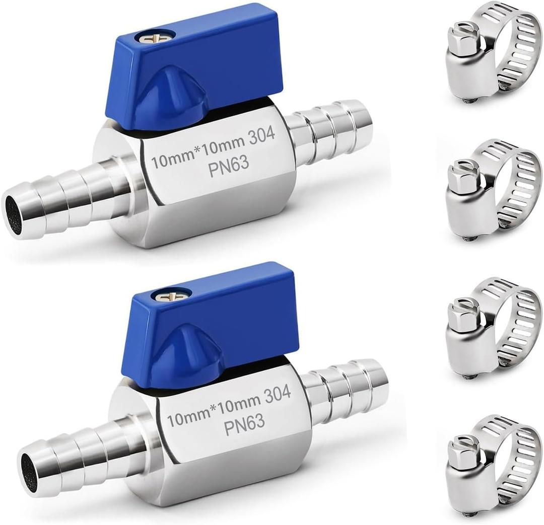 2 Pack 3/8" Hose ID Barb Mini Ball Valve, Stainless Steel Small Shut Off Valve with Clamps Kit for Water Oil Gas (3/8 Inch)
