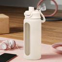 Glass Water Bottle with Silicone Sleeve 24oz with Lid, Motivational Time Marker, Drinking Hydration Glass Bottles for Men Women, Gym Travel Sports (Cream)