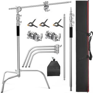 Altson Pro 100% Stainless Steel Heavy Duty C Stand with Boom Arm, Max Height 10.5ft/320cm Photography Light Stand with 4.2ft/128cm Holding Arm, 2 Grip Head for Studio Monolight, Softbox, Reflector
