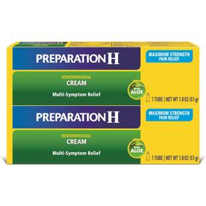 Preparation H Hemorrhoid Symptom Treatment Cream (2 x 1.8 Ounce Tube), Maximum Strength Multi-Symptom Pain Relief with Aloe