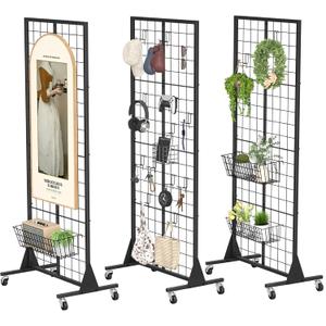 Gridwall Panel Display Stand 2.1' x 5.5' Ft, Heavy Movable Floorstanding Detachable Girdwall for Easy Transport, Standing Grid Tower with Extra Hooks, Display Rack for Retail and Craft Fair-3 Pack