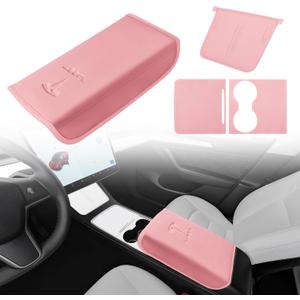 Tinlucys Center Console Cover,Interior Accessories Designed for Tesla Model 3 Model Y,Leather Armrest Cover,Center Console Wrap Cover,Waterproof Wireless Charger Silicone Mat.(Pink 3Pcs) (Light Pink 3pcs combination)