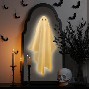 Ghost Mirror Hologram,LED Big Size Halloween Ghost Mirror,Halloween Decorations Indoor Outdoor,Scary Mirrors Wall Decor for Party Fireplace Bedroom,Horror Haunted House Props20x9.5 inch (Retro Yellow Ghost-large Size)