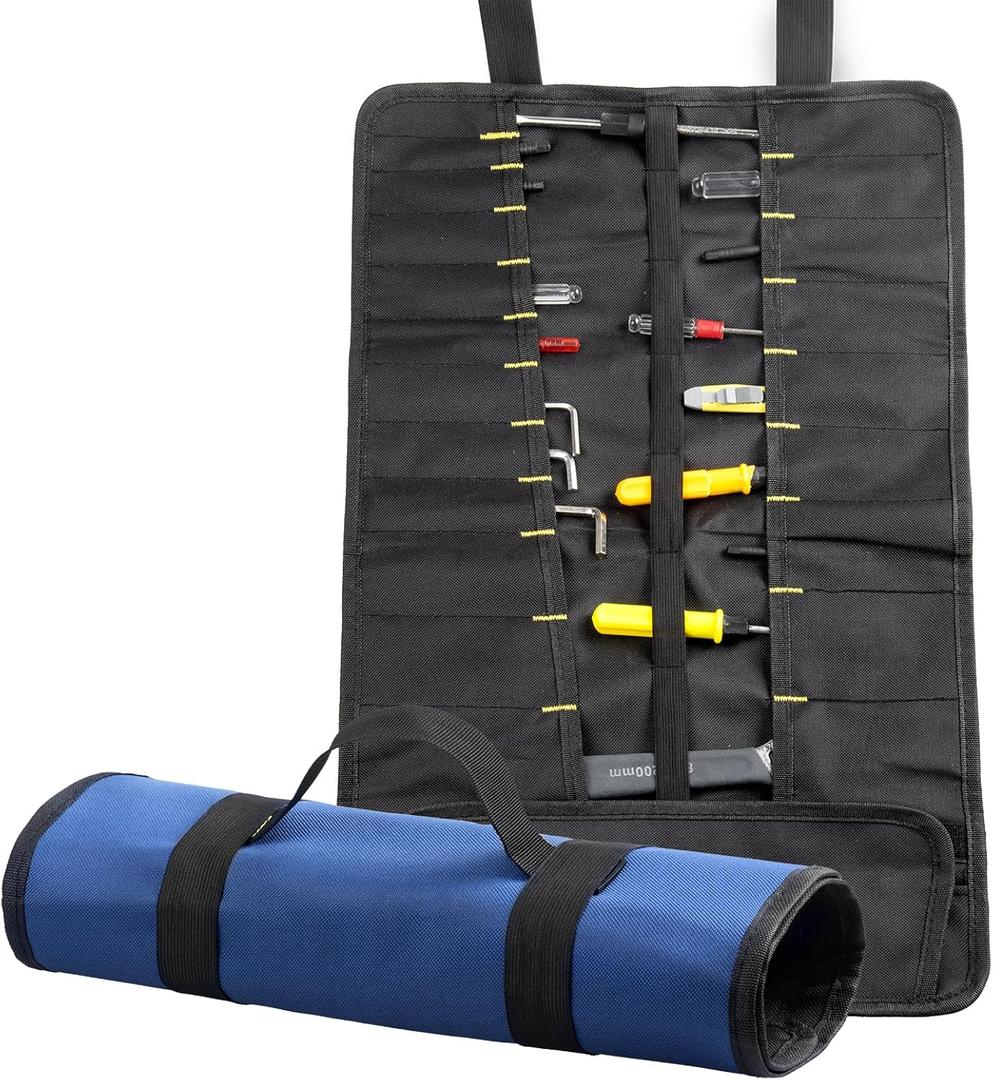 22 pocket Tool Bag Canvas Wrench Roll Up Pouch/Screwdriver Pliers Roller Compartments Organizers/Small Socket Bags/Tool Roll Organizer For Mechanic,Electrician & Hobbyist (1pc Blue)