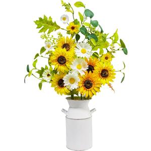 obbsie 23.5" Faux Flowers in Vase, Silk Sunflower Artificial Flowers with Metal Pot Fake Sunflowers with Vase Flowers Arrangement Centerpieces for Table Kitchen Dining Living Room Home Spring Decor