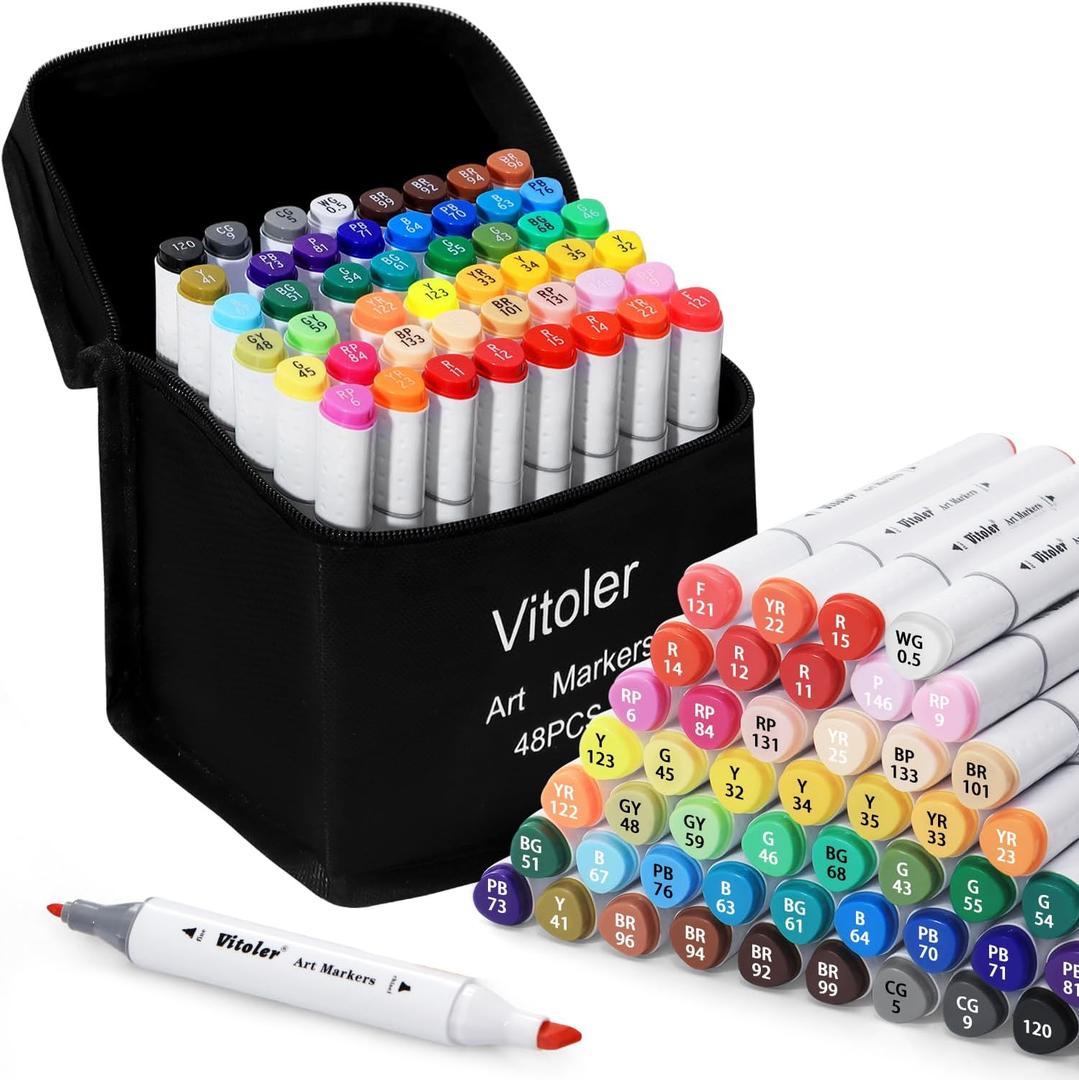 Vitoler Alcohol Markers 48 Colors,Dual Tip Coloring Markers,Chisel & Fine Tip for Book Painting,Art Marker Set for Card Making Art Supplies