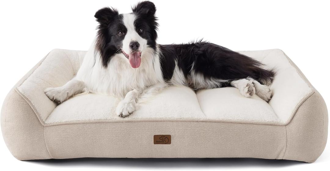 Bedsure SupportMax Orthopedic Dog Beds Large Sized Dog - Extra Thick Supportive Large Dogs Bed with Waterproof Washable Cover, L Plus Comfort Pet Sofa with Soft Sherpa and Nonskid Bottom, Beige, 38" (Cream)