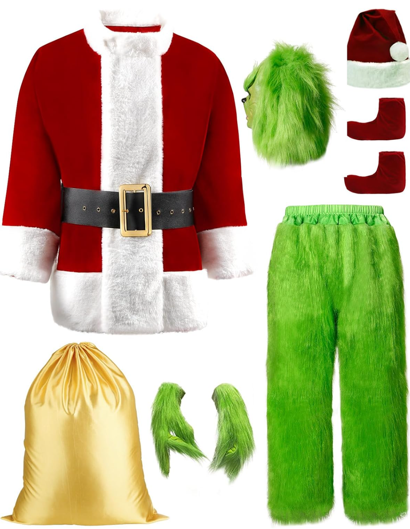 Green Christmas Costume for Men Halloween Costumes Adult Santa Costume with Mask 8PCS Deluxe Funny Cosplay Outfit, Medium 