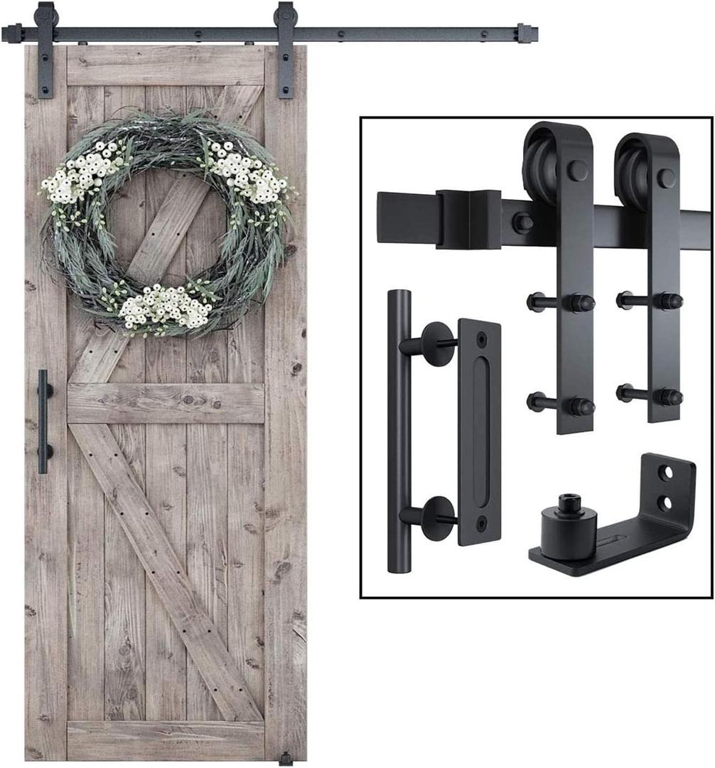 SMARTSTANDARD 5FT Sliding Barn Door Hardware Whole Kit (Include 5ft Track Kit & Pull Handle Set & Floor Guide), Smoothly and Quietly, Easy to Install, Fit 30" Wide Door Panel (J Shape)