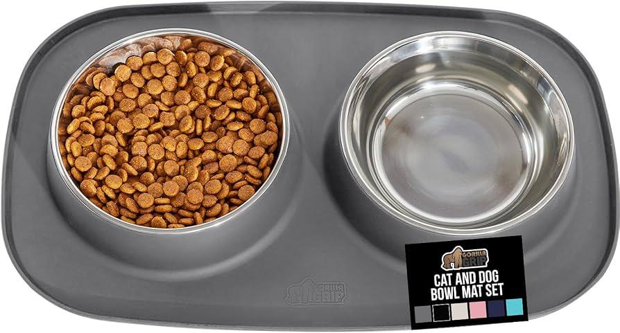 GORILLA GRIP Dog Bowl Set with Feeding Mat, 304 Stainless Steel, 2 Cup Gray
Slip Resistant Silicone Base, High Edge Spill Containment, Dishwasher Safe, Finger Notch Removes Food Grade Bowls