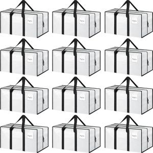 12 Pack Extra Heavy Duty Large Moving Bags with Strong Zipper & Comfortable Handles, Sturdy & Durable Clothes Storage Bags Totes Bins, Packing Moving Boxes for College Supplies, White