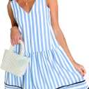 Acelitt Womens Summer Sleeveless Striped Dresses Casual Loose V Neck Flowy Ruffle Babydoll Dress Beach Vacation Sundress (M)