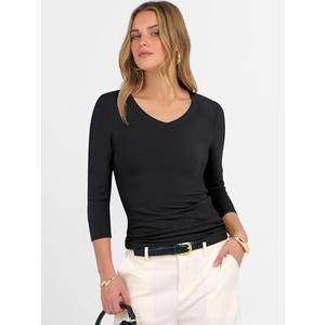 ANRABESS Long Sleeve Shirts for Women V Neck Ribbed Knit Fitted Fall Basic Tshirts Going Out Tops S