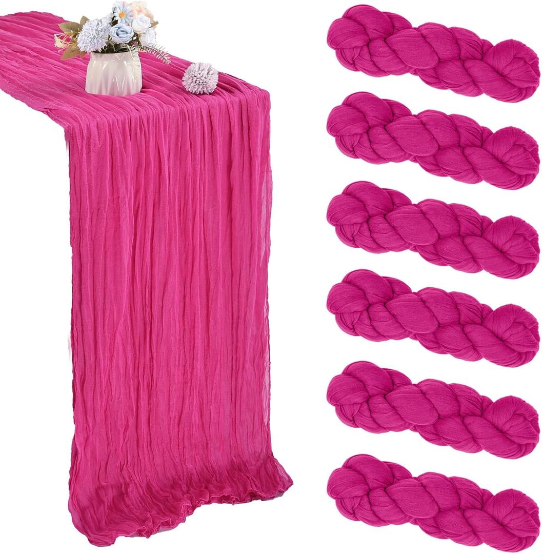 6 Pack Hot Pink Cheesecloth Table Runner 35x120 Inch Gauze Rustic Boho Table Runner 10FT Cheese Cloth for Spring Wedding Decor Birthday Party Bridal Baby Shower Table Decoration