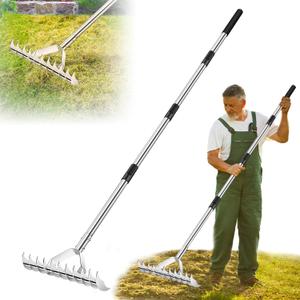 62" Thatch Rake, Adjustable Handle 15-Inch Wide Lawn Thatching Rake for Cleaning Dead Grass, 11 Curved Steel Tines Double-Sided Grass Grooming Dethatching Rakes for Garden Yard Lawn