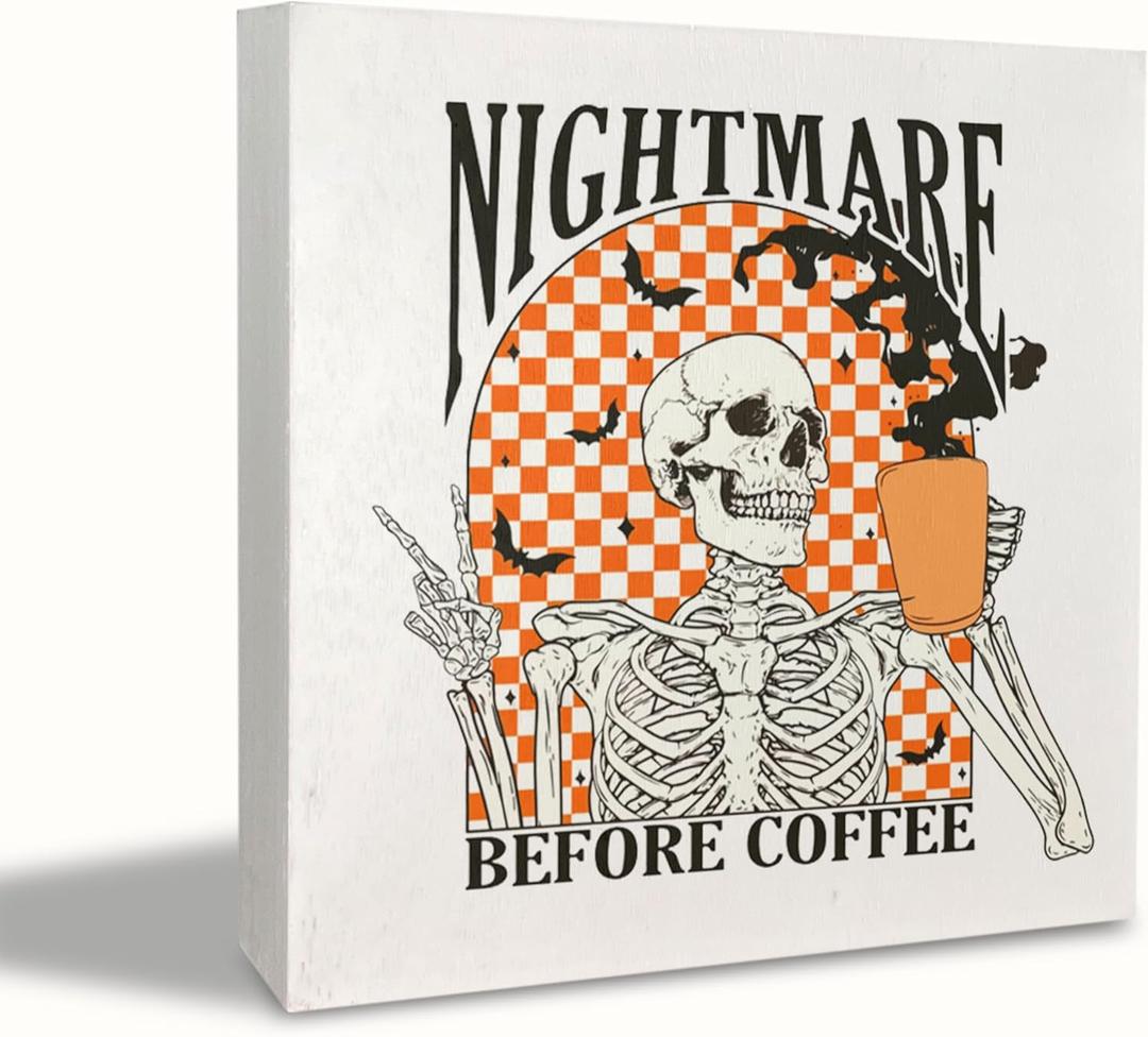 KEUSPI Funny Halloween Desk Wooden Sign,Skull Skeleton Coffee Wood Sign Plaque Decorative,Spooky Skeleton Gifts for Women,Halloween Coffee Bar Decor for Bar Kitchen bathroom 6x6 inch
