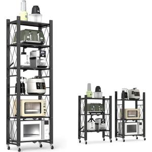 6-Tier Foldable Storage Shelves with Wheels, Folding Metal Shelf Unit, Folding Bookshelf no Assembly, Collapsible Shelves for Craft Shows for Kitchen, Bedroom, Living Room, Black