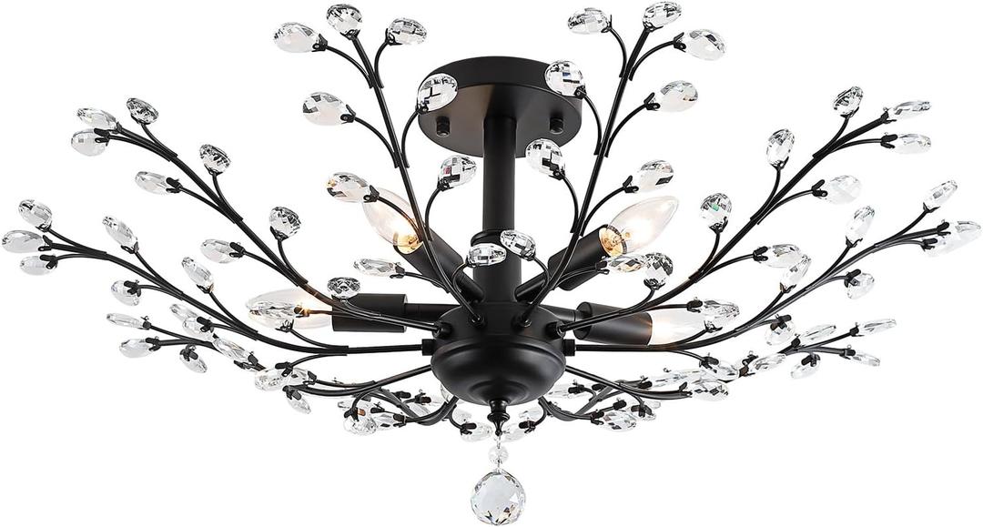 Modern 5 Light Small Crystal Chandelier 30 Inch Black Semi Flush Mount Ceiling Light Fixture for Kitchen Dining Room Bedroom Entryway Living Room Hallway, E12