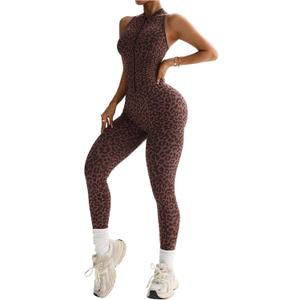 WDIRARA Women's Leopard Workout Jumpsuit Zip Front Scrunch Butt Yoga Bodycon Pants Romper Unitard (XL, Coffee Brown)