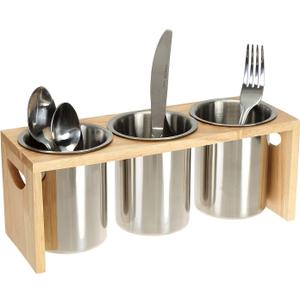 ZOOFOX 3 Pack Silverware Holder, Stainless Steel Utensil Organizer with Wood Base, Flatware Caddy for Spoons, Knives and Forks, Great for Kitchen Table, Cabinet, Pantry