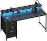 DUMOS 40 Inch Computer Desk with 4 Drawers,4 Drawer Gaming Desk with Power Outlets and LED Lights,Office Desk for Small Spaces with Monitor Shelf,Writing Desk for Home Office, Bedroom,Study,Black