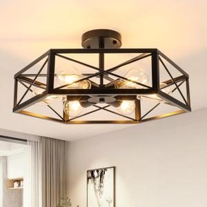 WILON Semi Flush Mount Ceiling Light, Industrial 6 Light Close to Ceiling Light Fixture, Black Dining Room Light Fixture Farmhouse Chandelier for Kitchen Hallway Bedroom Living Room(E26 Socket)