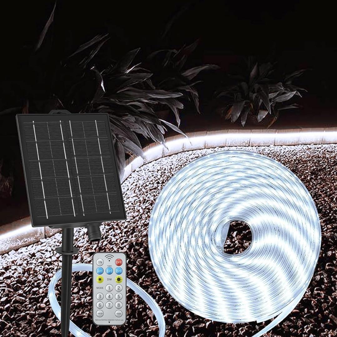 echosari 32.8Ft Solar Strip Lights Outdoor, IP68 Fully Waterproof LED Strip Lights with Timer Remote Auto ON/Off, Self-Adhesive Lights Strip for Camping Pool Deck Patio Decor (32.8FT, Cool White)