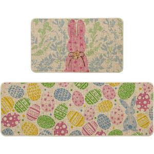 Artoid Mode Pink Bunny Egg Leaves Easter Kitchen Mats Set of 2, Spring Home Decor Low-Profile Kitchen Rugs for Floor - 17x29 and 17x47 Inch