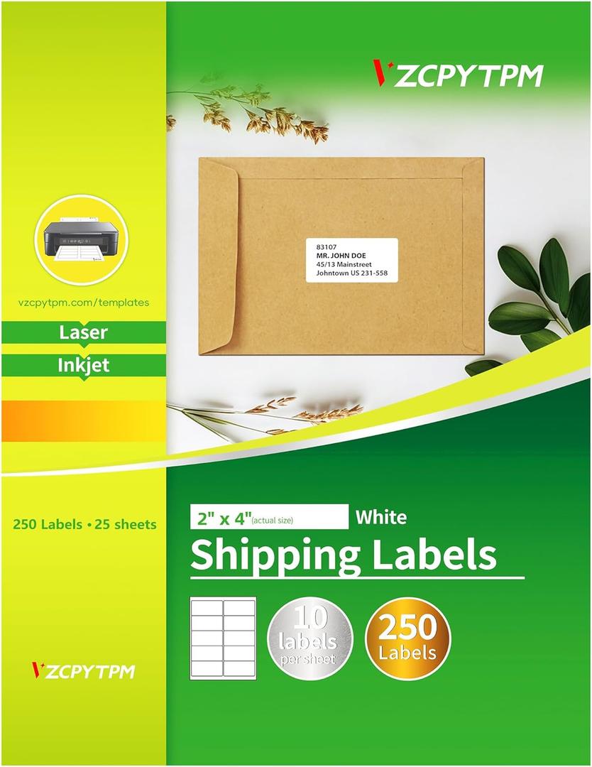 2 x VZCPYTPM 2x4 Shipping Labels Printable White, 250 Address Labels for Printer, Laser & Inkjet Compatible Customized Stickers, Blank Shipping Labels for Mailing, File Folders, Office & Home Organization