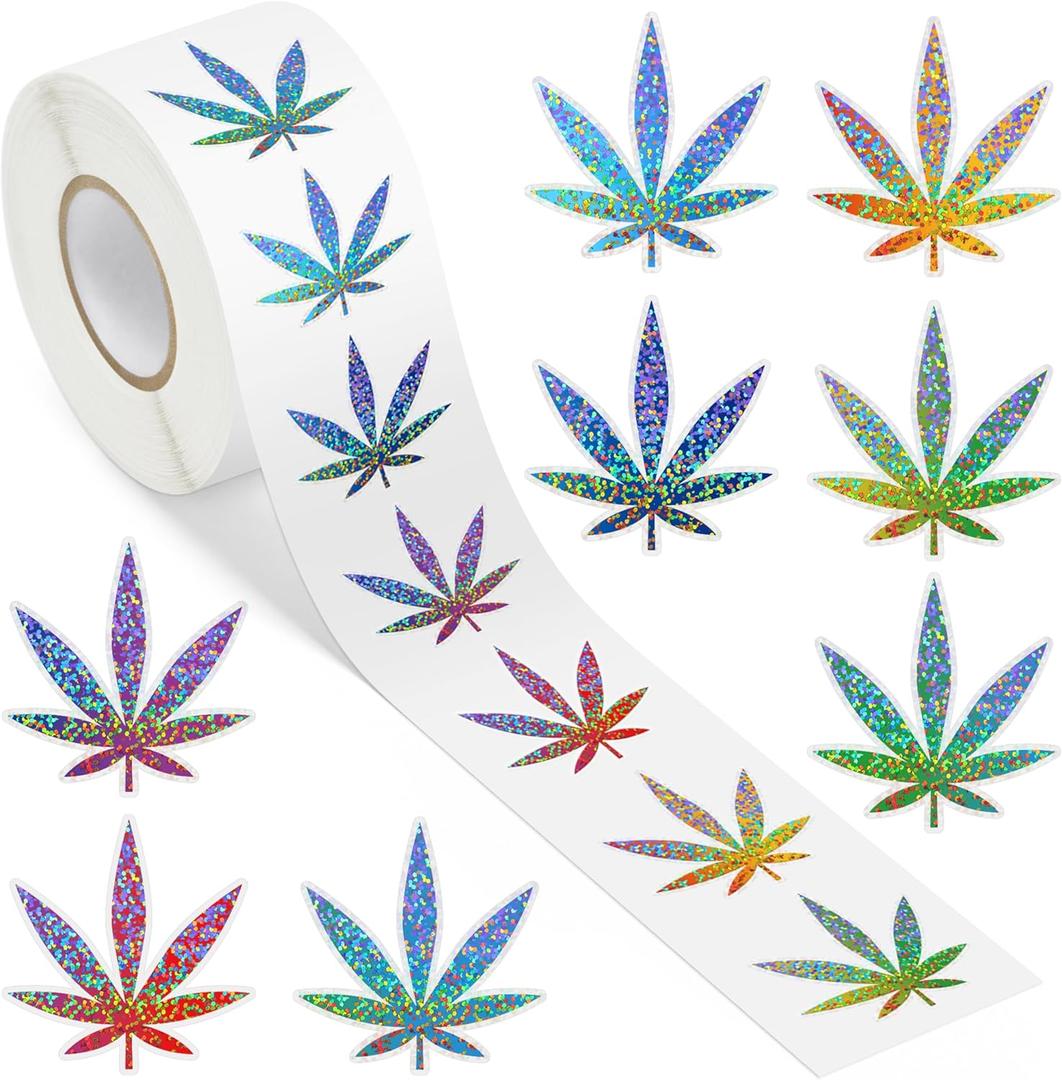 Weed Marijuana Stickers for Adult - 1 Roll 1000pcs Glitter Weed Decal Decorations, Cute Leaf Vinyl Sticker Label for Water Bottle Laptop Luggage Car Scrapbook Party Decor Gift (Gradient)