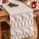 OTOSTAR Christmas Tree and Elk Soft Plush Faux Fur Jacquard Xmas Table Runner, Seasonal Holiday Dining Table Decoration for Home Party Decor 13x36 Inch (Cream Beige)