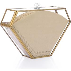 ELLDOO Gold Glass Coffee Filter Holder Coffee Paper Storage Container Filter Paper Dispenser Rack with Dustproof Cover