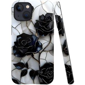 Case for iPhone 14 - Slim Fit Anti-Scratch Phone Case for Girl Women - Black Rose Stained Glass (Glossy)