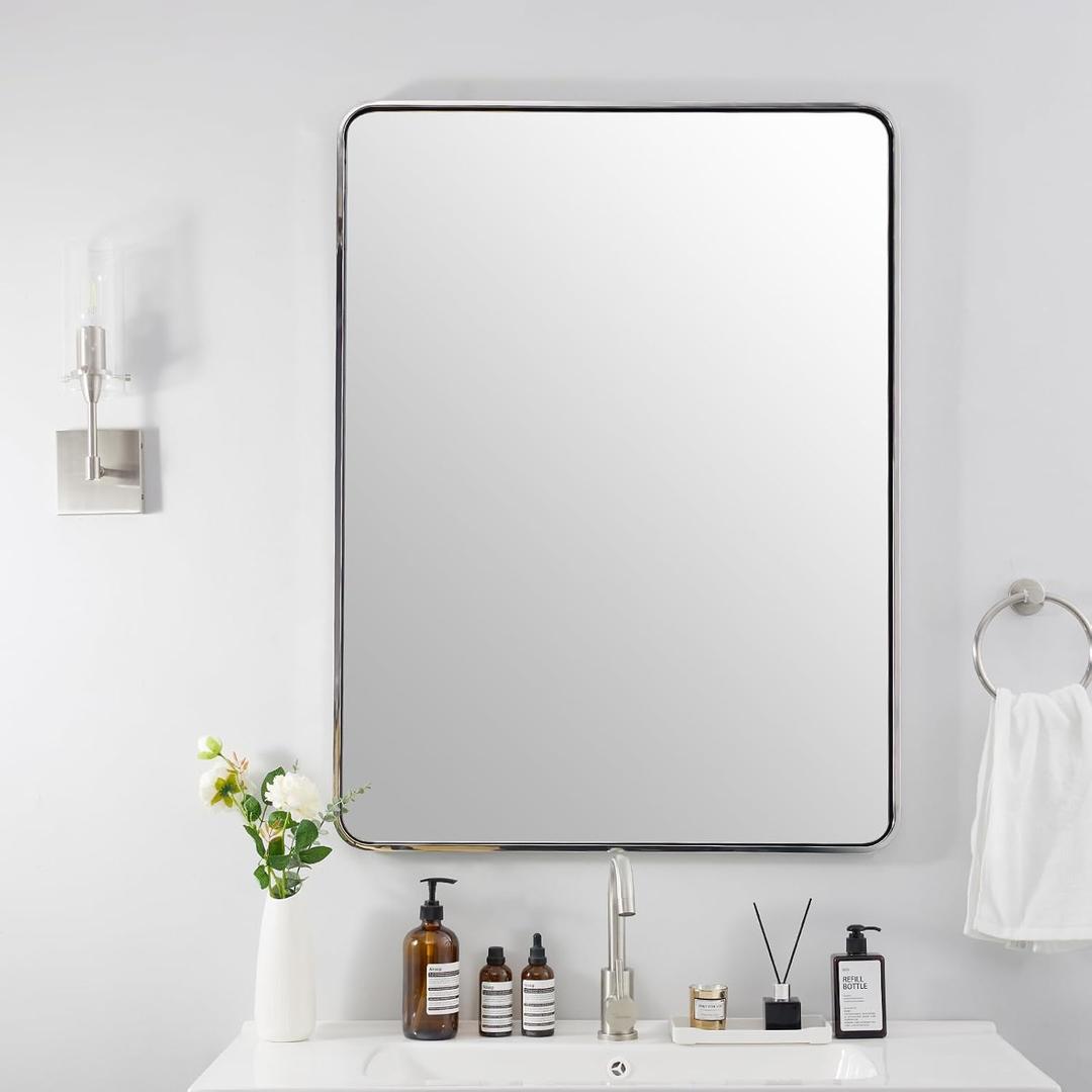 ANDY STAR 40X30 Chrome Bathroom Mirror, Polished Chrome Bathroom Vanity Mirror, Rounded Rectangle Mirrors for Wall, SUS304 Anti-Rust Tube Metal Frame, Wall Mounted Horizontal/Vertical 1 Deep