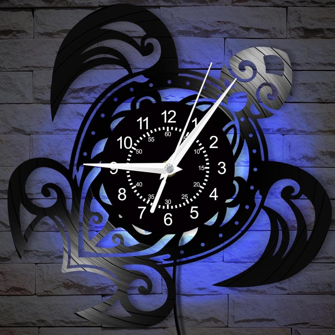 Sea Turtle Wall Clock Glow in the Dark, 12 Inch 7 Kinds of LED Color Vinyl Record Wall Clock Silent Non Ticking, Vintage Decorative Turtle Night Light Wall Watch Clock for Living Room Bedroom