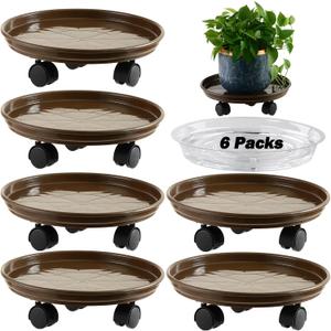6 Packs 15 Extra-large Plant Caddy Plant Saucers on Wheels Rolling Plant Stands Heavy-duty Plant Dolly Plastic Planter Roller Base Pot Movers Outdoor Plant Tray Coaster, Clear Plant Saucers x 6 (Brown gloss)