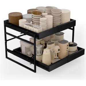 2 Tier 21'' Deep Pull Out Cabinet Organizer Expandable Width (14'' to 23'') Pull Out Drawers for Framed Cabinets, Heavy-Duty Slide Out Organizers and Storage for Kitchen Pantry, Basement, Garage, Black