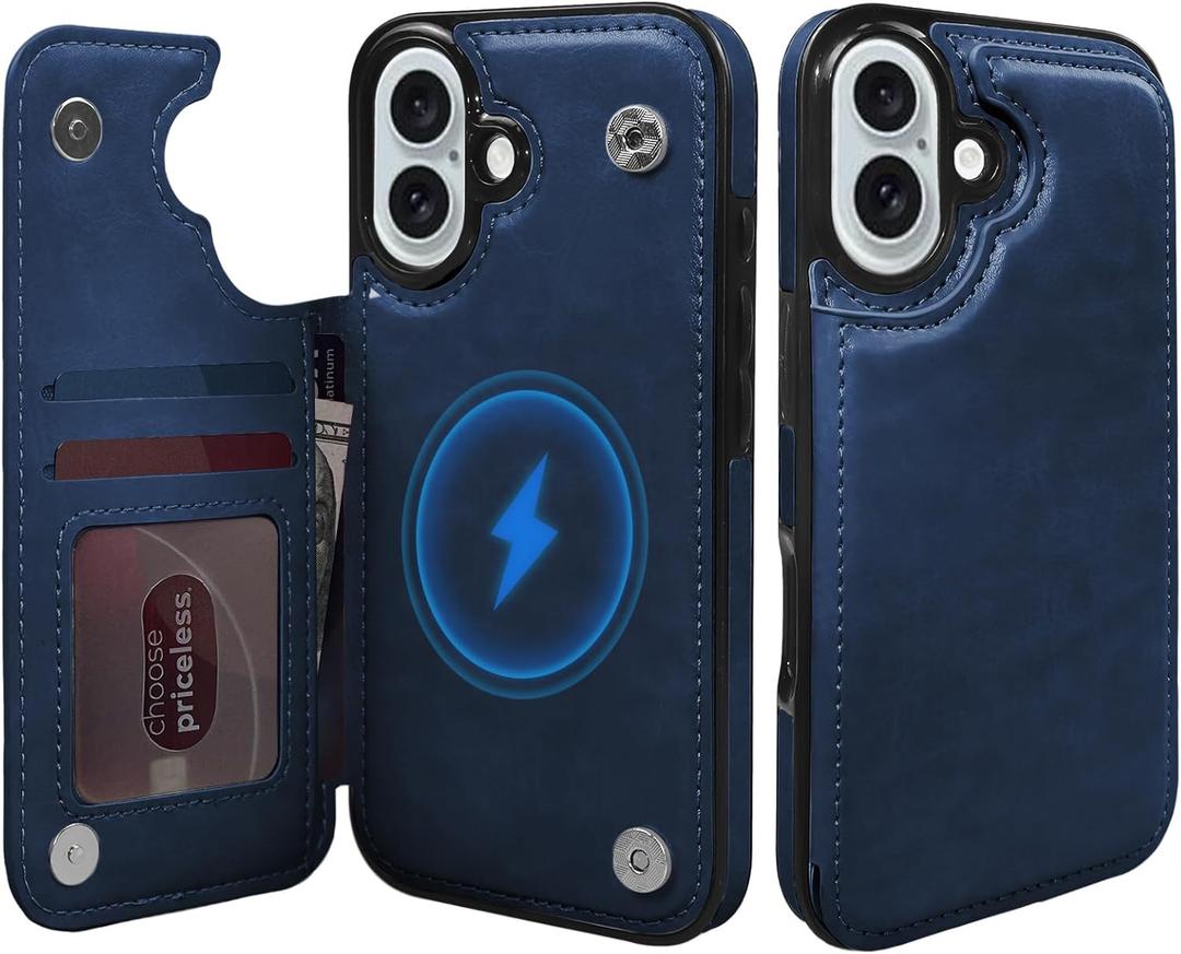 TopPerfekt Wallet Case for iPhone 16 6.1", Compatible with MagSafe, Dropproof Heavy Duty Tough Rugged Shockproof, Leather Card Holder Kickstand Protective Cover Magnetic Phone Flip Case-Blue