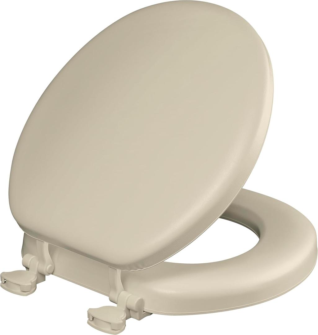 Mayfair Padded Toilet Seat, Cushioned Soft Vinyl over Wood Core Seat, Secure Hinges, Easy Clean, Made in USA, Round, Bone