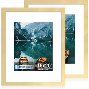 Hongkee 16x20 Frame Set of 2, Gold Wood Style - Display Posters 11 x 14 with Mat or 16x20 without Mat, Wall Mounting Horizontal and Vertical